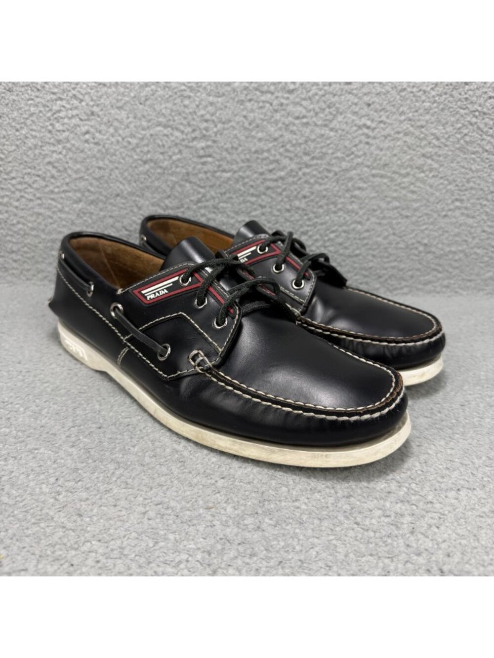 Prada Boat Shoes Men 11 / UK 10 Black Brushed Spazzolato Leather Lace Up Loafers
